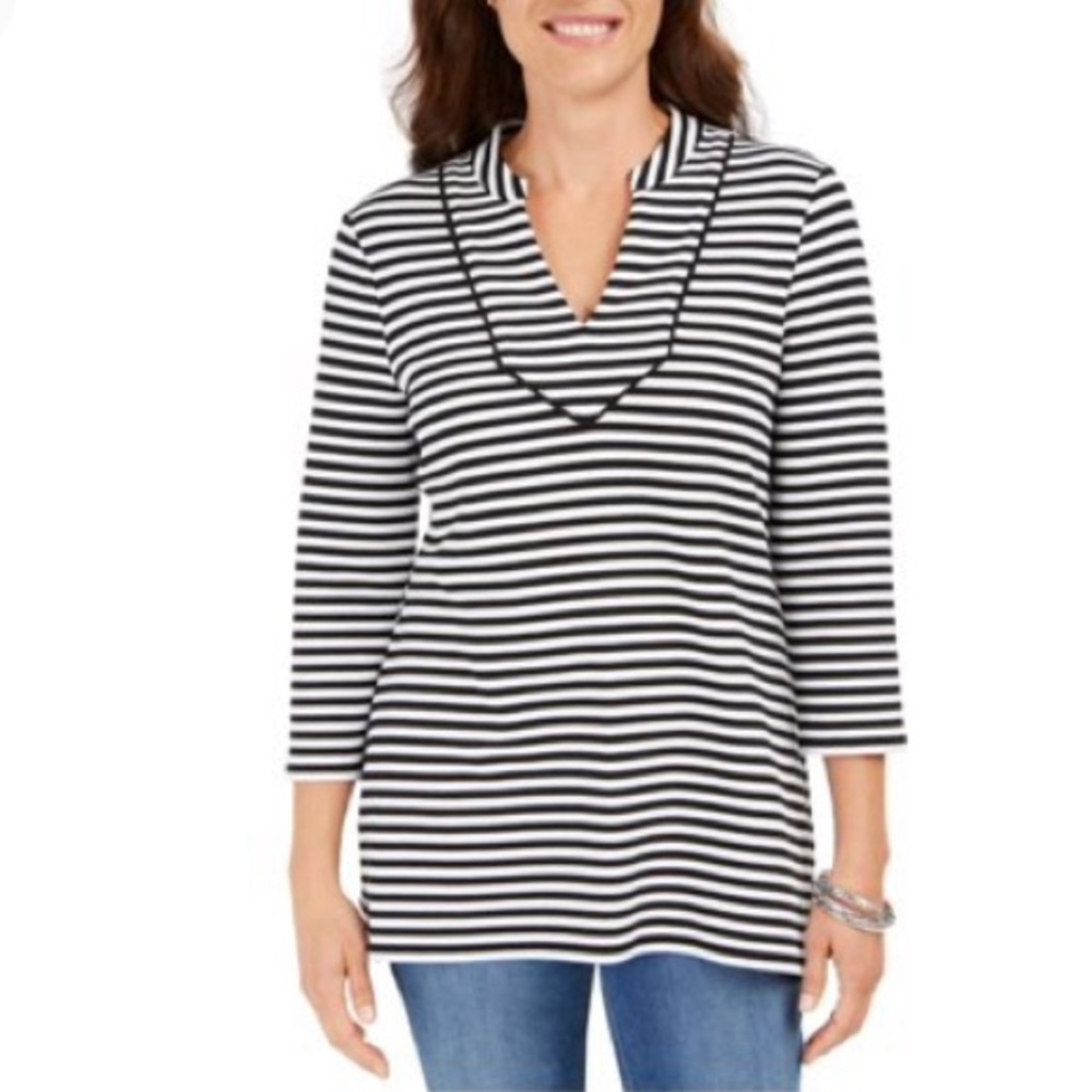NEW Charter Club 3/4 Sleeve V-Neck Tunic Striped Top, Size Small, Black White